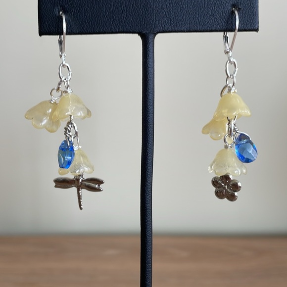 HAND CRAFTED EARRINGS Yellow Flowers Dragonfly and Flower Charms, Blue Drop - Picture 5 of 12